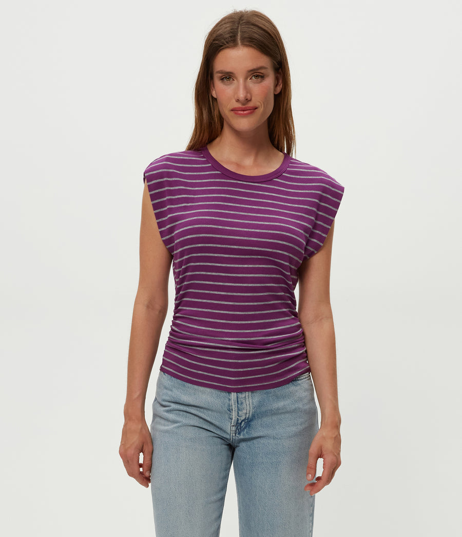 Joni Striped Power Shoulder Tee in GRAPE PURPLE Striped Heather Grey Close up View #GRAPE STRIPE