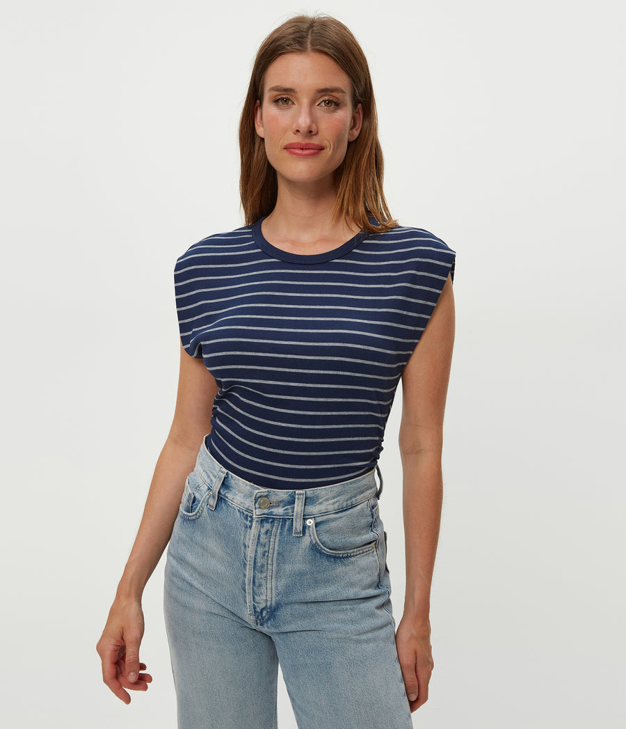 Joni Striped Power Shoulder Tee in Nocturnal Blue Striped Heather Grey Close up View #NOCTURNAL STRIPE