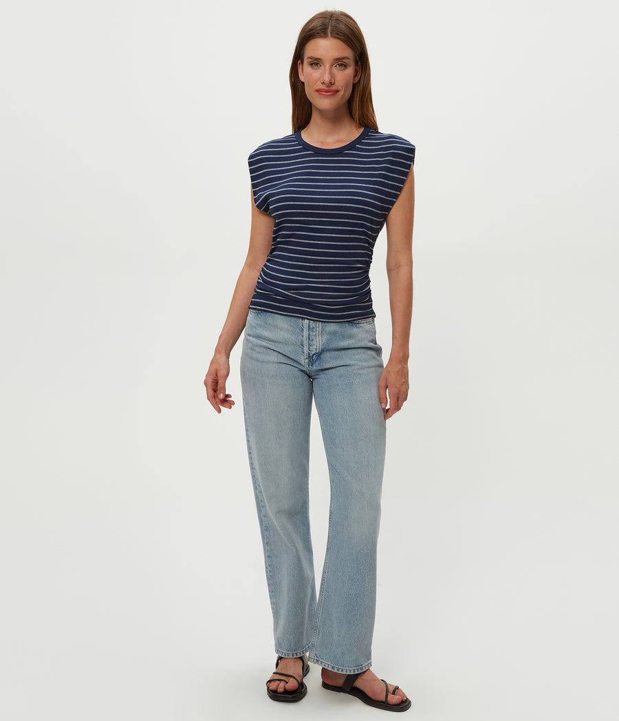 Joni Striped Power Shoulder Tee in Nocturnal Blue Striped Heather Grey Full Body View #NOCTURNAL STRIPE