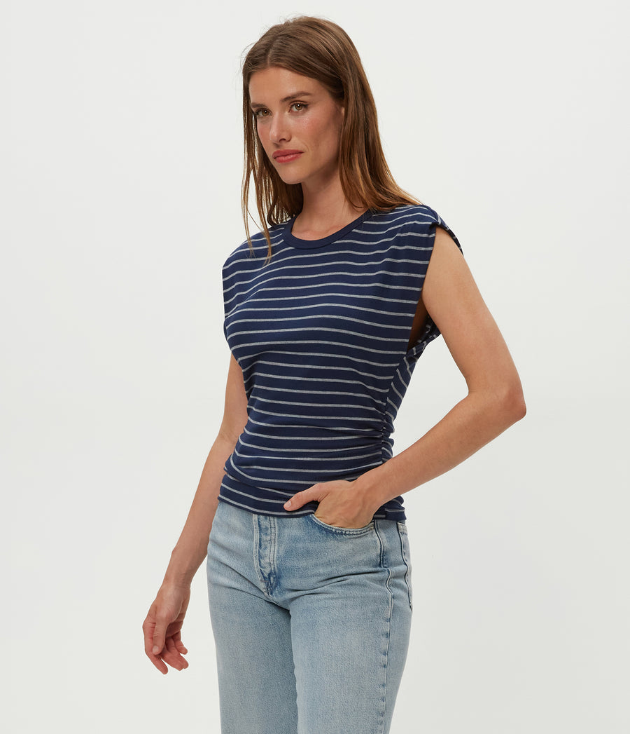 Joni Striped Power Shoulder Tee in Nocturnal Blue Striped Heather Grey Side View #NOCTURNAL STRIPE