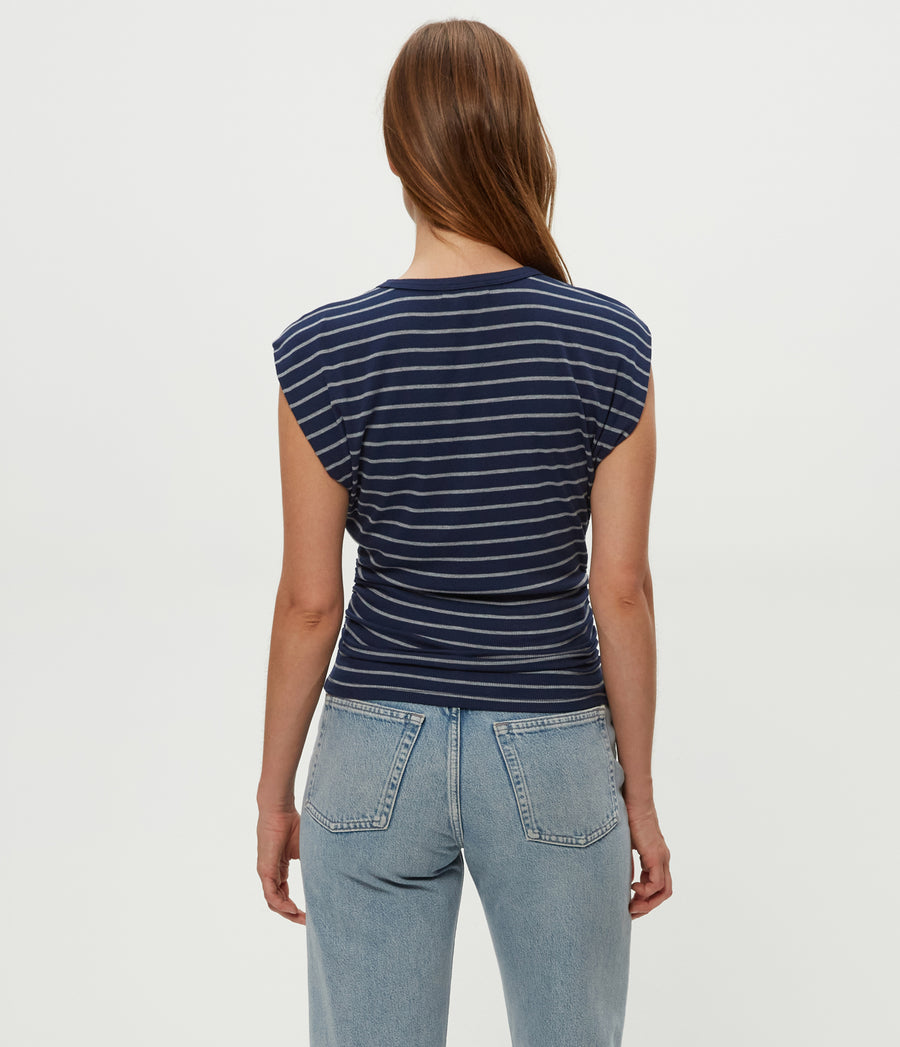 Joni Striped Power Shoulder Tee in Nocturnal Blue Striped Heather Grey Back View #NOCTURNAL STRIPE