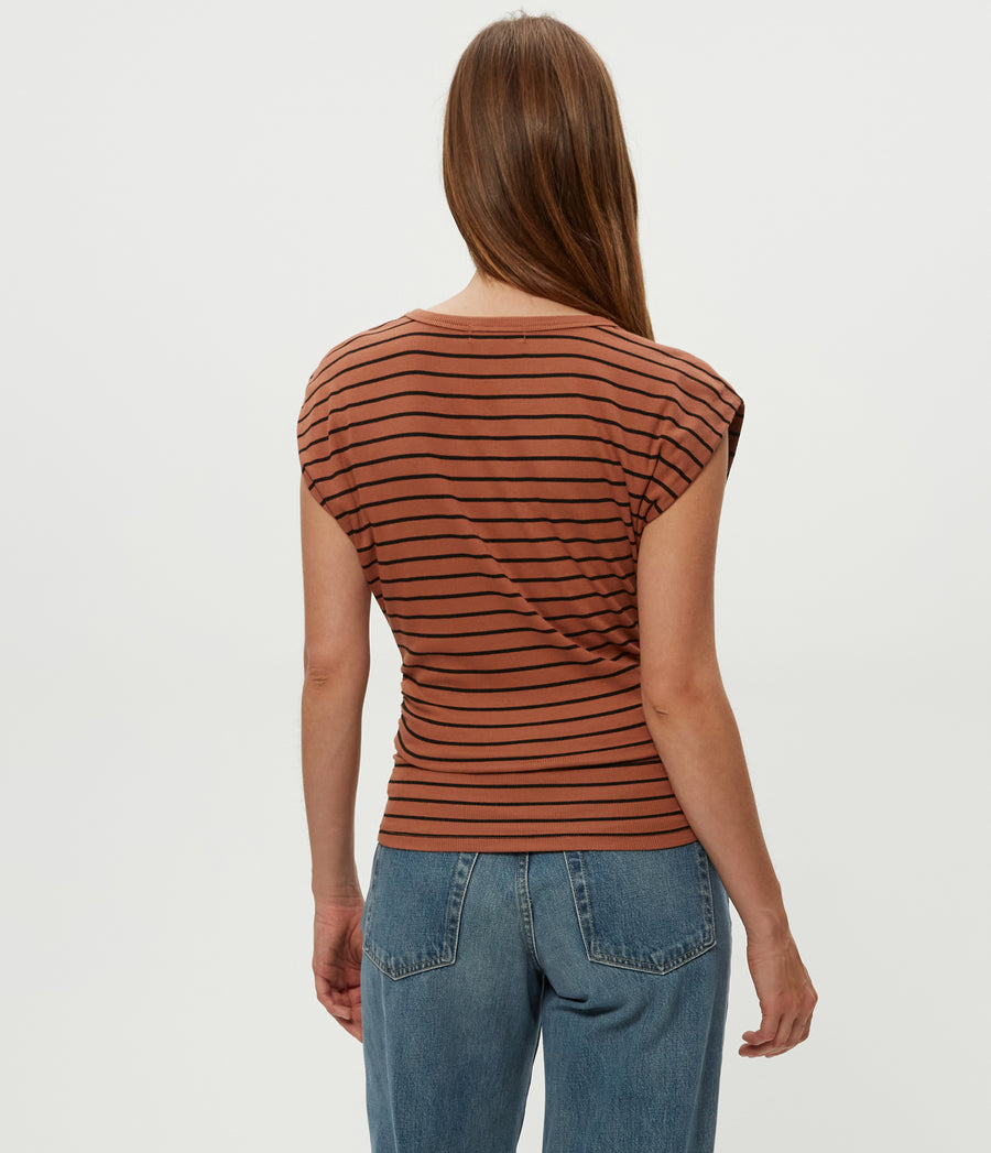 Joni Striped Power Shoulder Tee in TERRA Orange Striped Black Back View #TERRA STRIPE