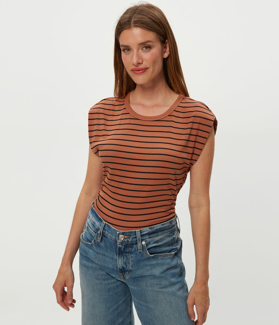 Joni Striped Power Shoulder Tee in TERRA Orange Striped Black Side View #TERRA STRIPE