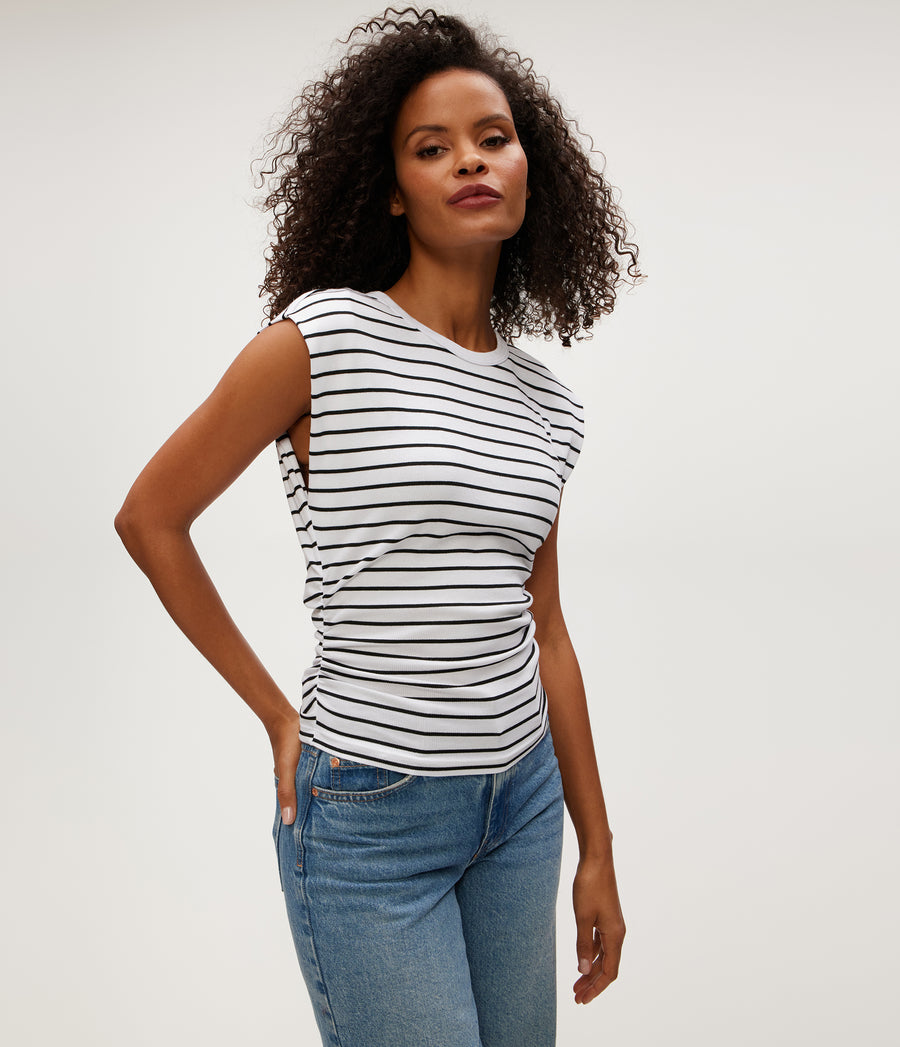 Joni Striped Power Shoulder Tee in White Striped Black Close up View #WHITE STRIPE