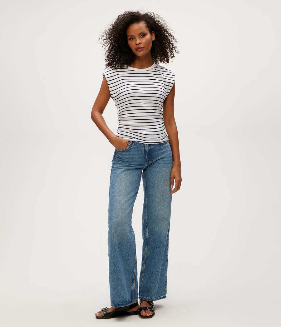 Joni Striped Power Shoulder Tee in White Striped Black Full Body View #WHITE STRIPE