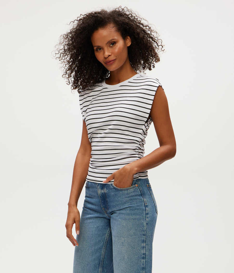Joni Striped Power Shoulder Tee in White Striped Black Side View #WHITE STRIPE