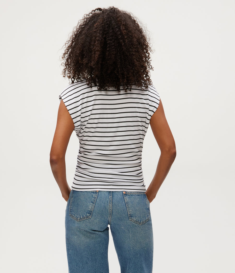 Joni Striped Power Shoulder Tee in White Striped Black Back View #WHITE STRIPE