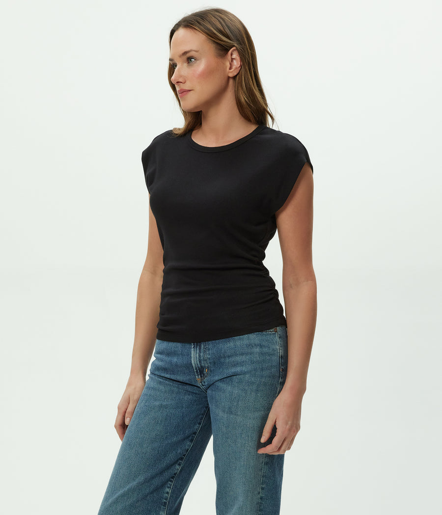 Joni Power Shoulder Tee in Black Side View #BLACK