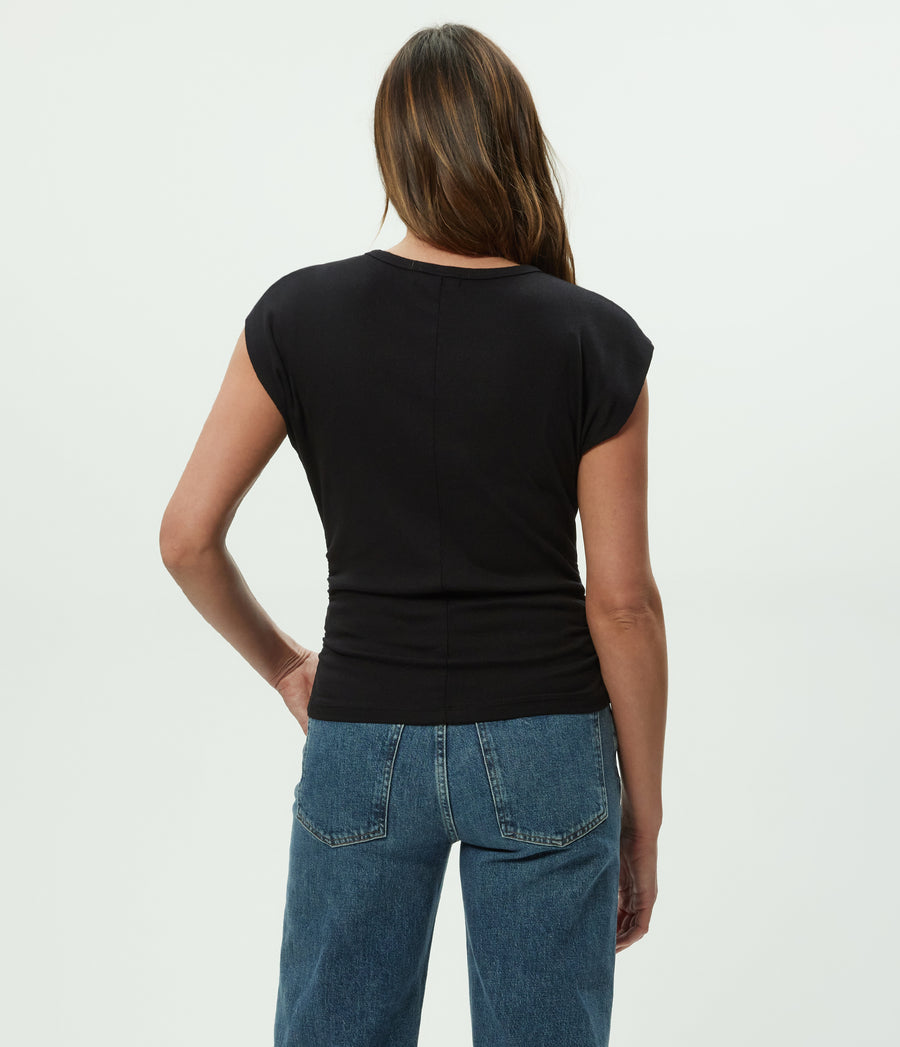 Joni Power Shoulder Tee in Black Back View  #BLACK