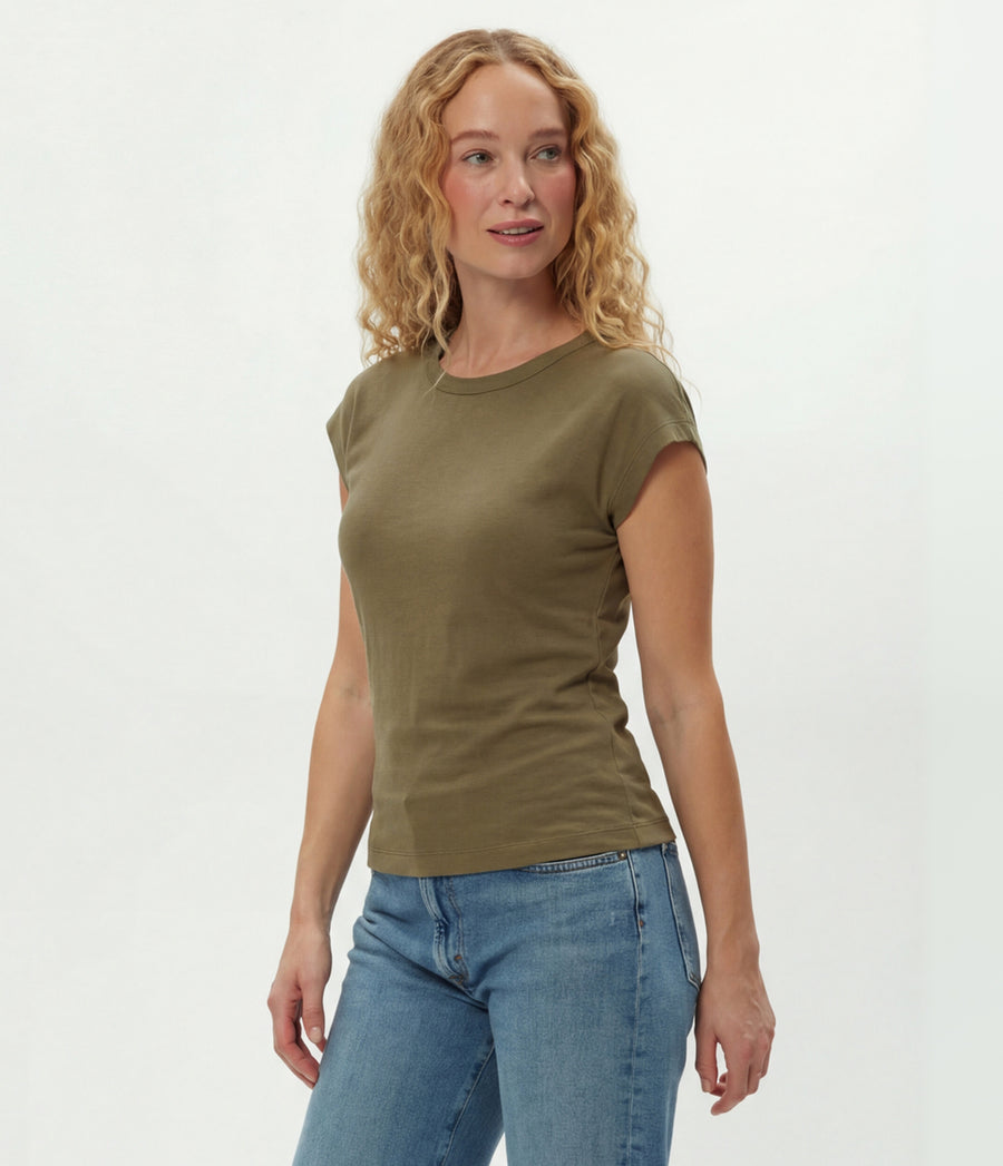 Joni Power Shoulder Tee in CAPER  Green Side View #CAPER