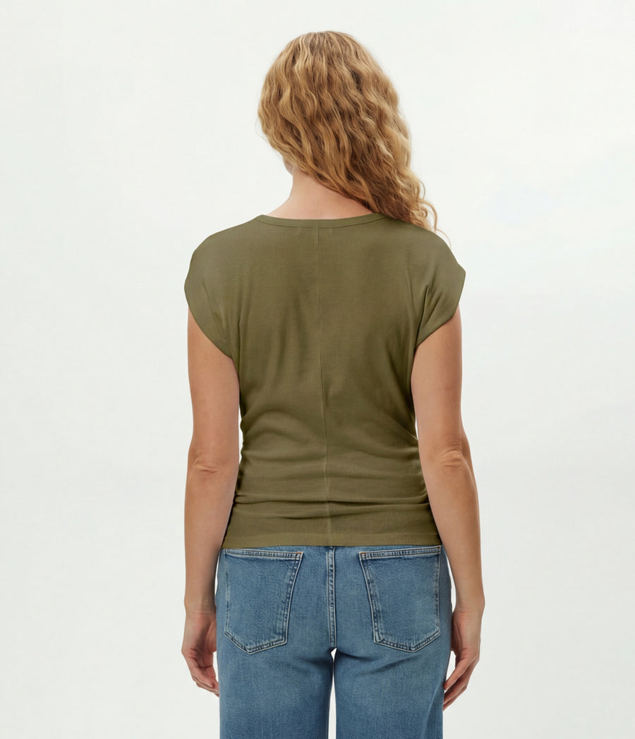 Joni Power Shoulder Tee in CAPER Green Back View #CAPER