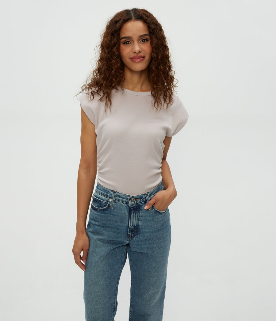 Joni Power Shoulder Tee in Cement  Close Up View #CEMENT