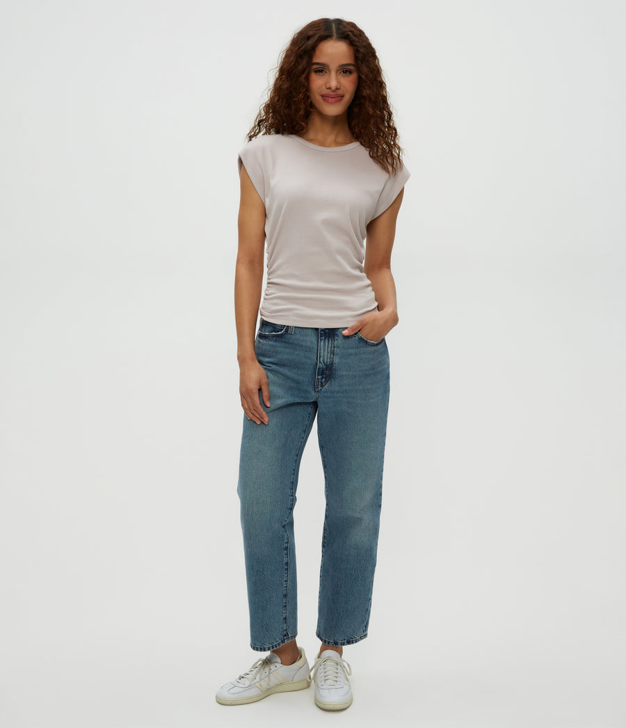 Joni Power Shoulder Tee in Cement  Full Body View #CEMENT