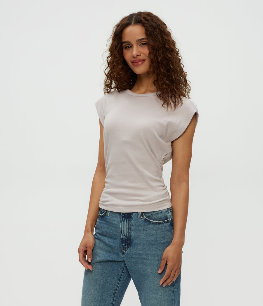 Joni Power Shoulder Tee in Cement  Side View #CEMENT