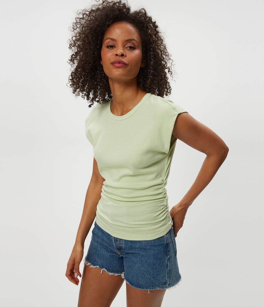 Joni Power Shoulder Tee in Celery GREEN Close up View #CELERY