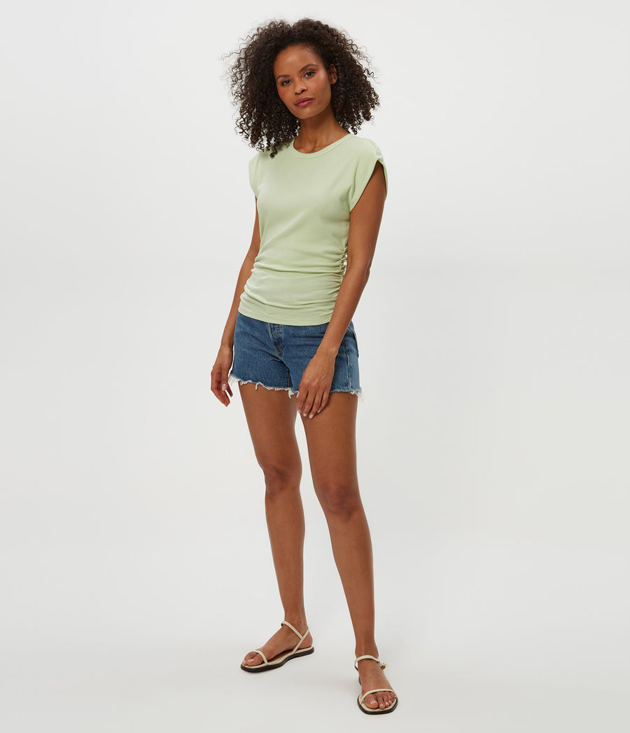 Joni Power Shoulder Tee in Celery GREEN Full Body View #CELERY