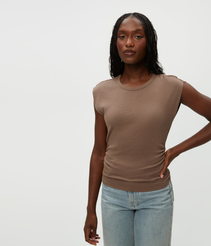 Joni Power Shoulder Tee in Cobblestone Brown Close Up View #COBBLESTONE