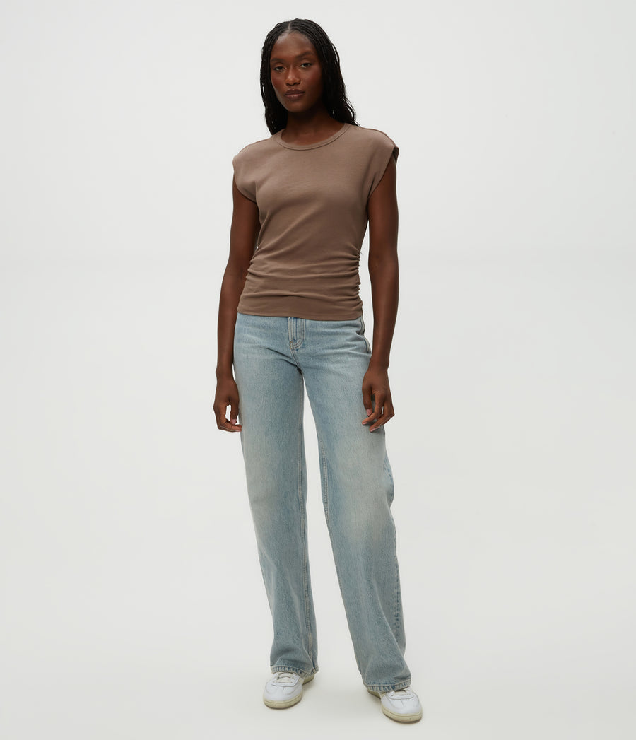 Joni Power Shoulder Tee in Cobblestone Brown Full Body View #COBBLESTONE
