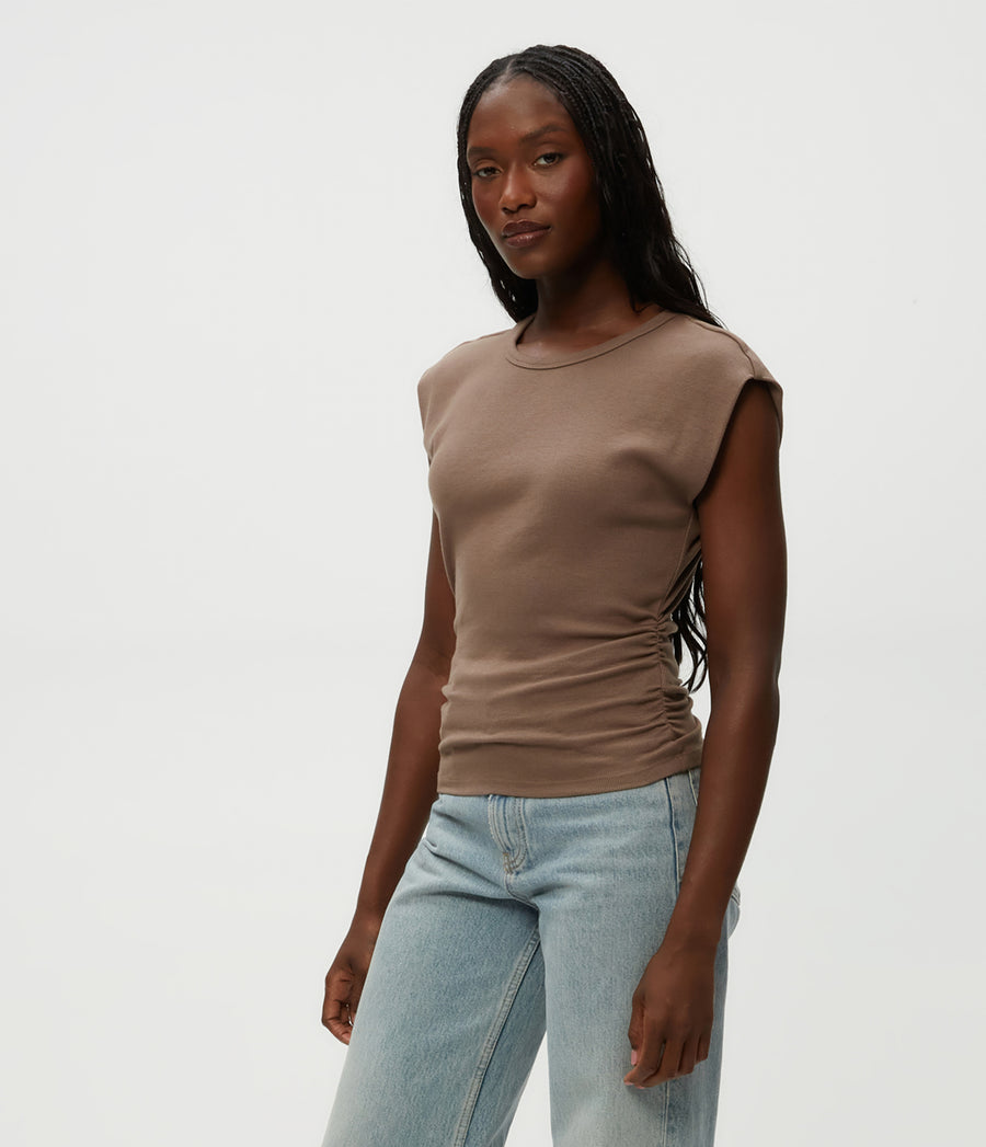 Joni Power Shoulder Tee in Cobblestone Brown Side View #COBBLESTONE