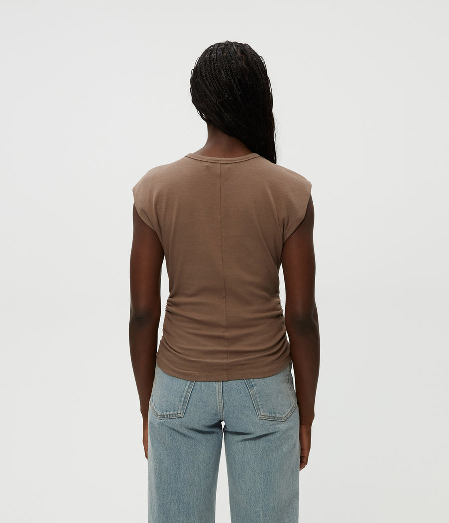 Joni Power Shoulder Tee in Cobblestone Brown Back View #COBBLESTONE