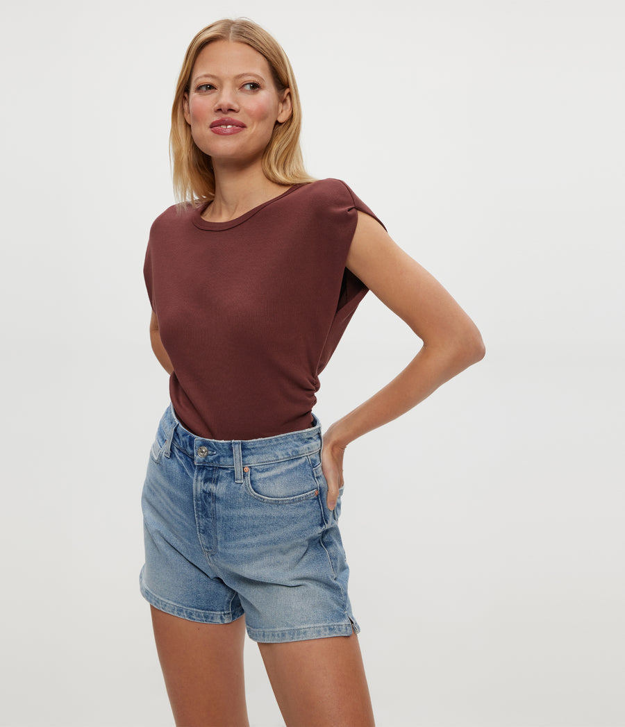 Joni Power Shoulder Tee in ESPRESSO Brown Close Up View #ESPRESSO
