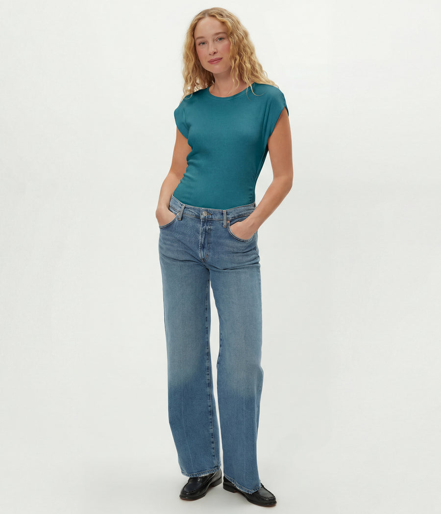 Joni Power Shoulder Tee in GLAZE Blue Full Body View #GLAZE