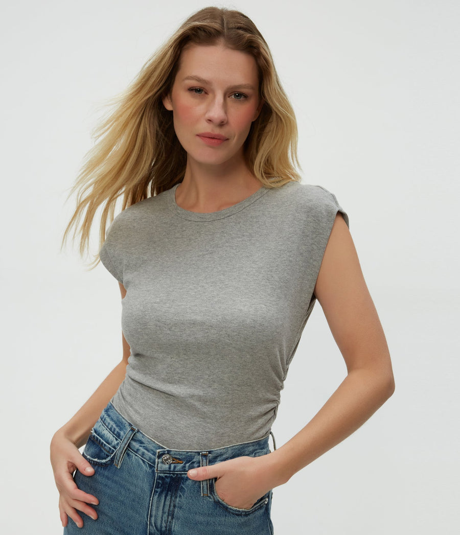 Joni Power Shoulder Tee in Heather Grey Grey Close Up View #HEATHER GREY