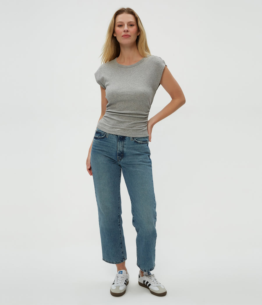 Joni Power Shoulder Tee in Heather Grey Grey Full Body View #HEATHER GREY