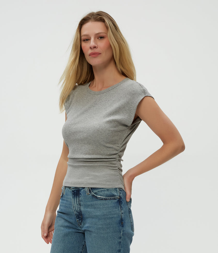 Joni Power Shoulder Tee in Heather Grey Grey Side View #HEATHER GREY