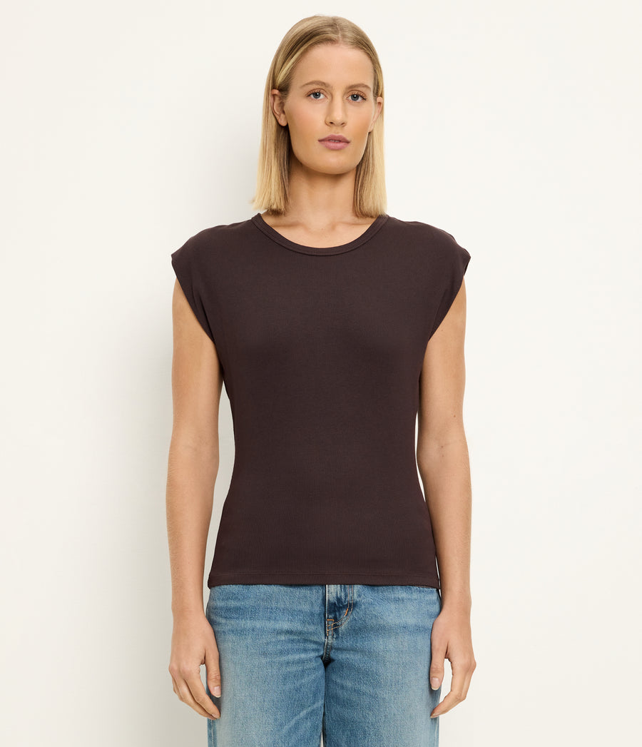 Joni Power Shoulder Tee in Java Brown Full Body View #JAVA