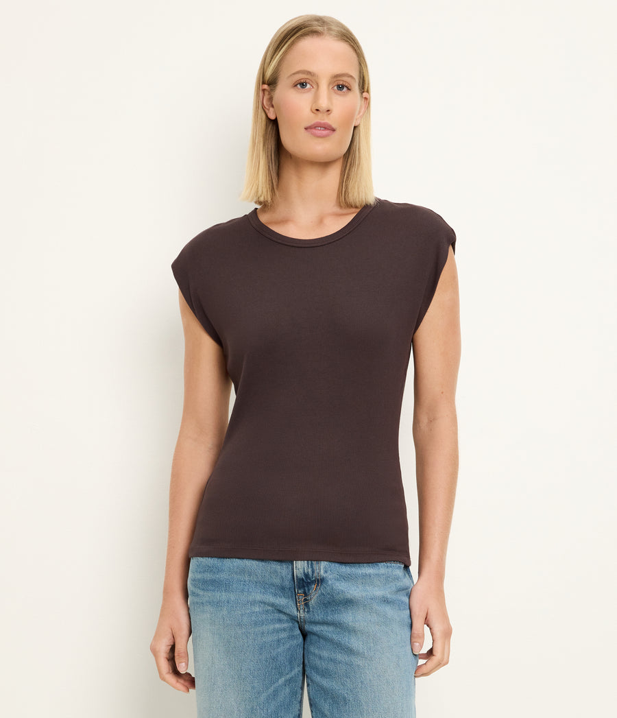Joni Power Shoulder Tee in Java Brown Full Body View #JAVA