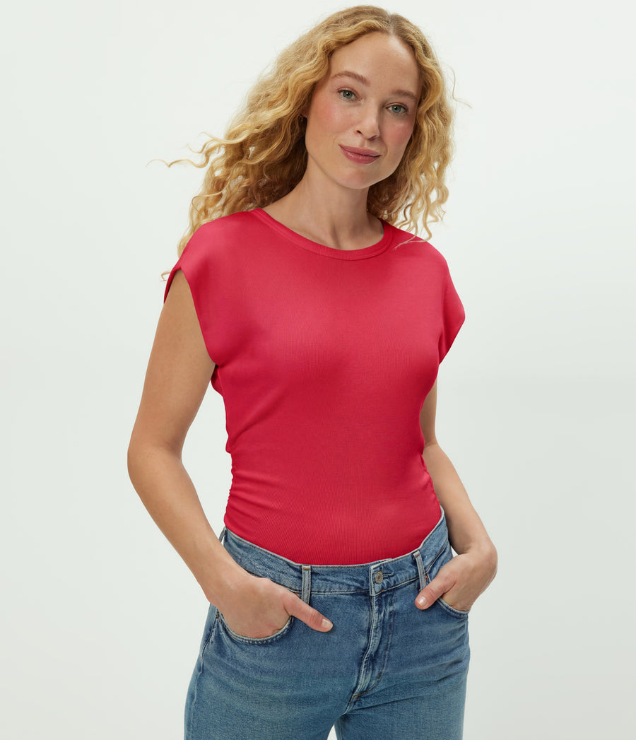 Joni Power Shoulder Tee in LACQUER RED Close up View #LACQUER