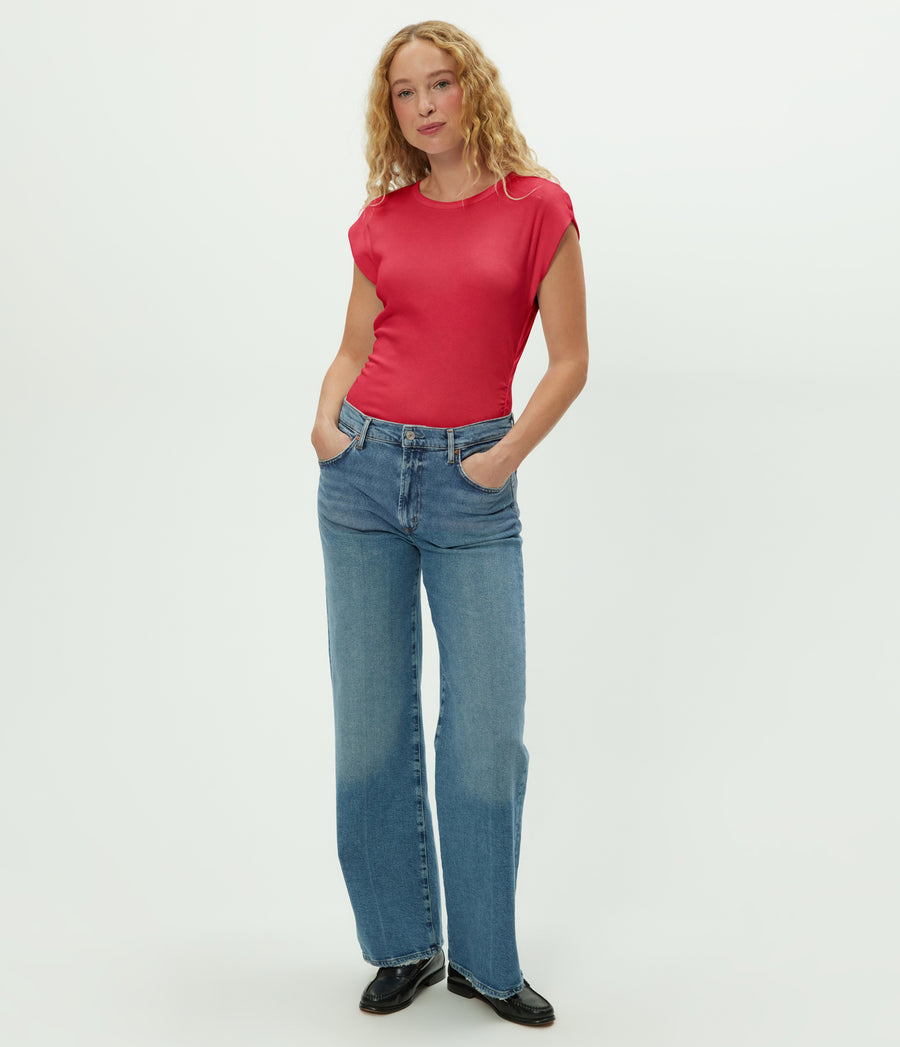 Joni Power Shoulder Tee in LACQUER RED Full Body View #LACQUER