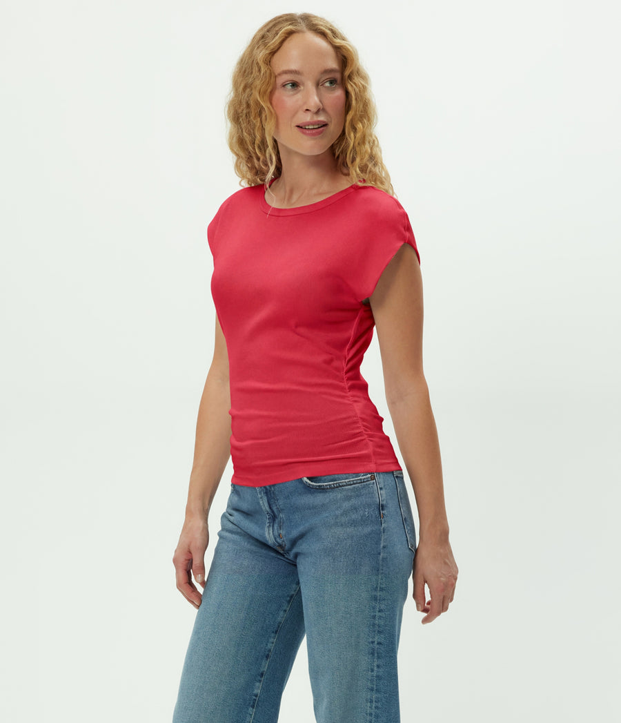 Joni Power Shoulder Tee in LACQUER RED Side View #LACQUER