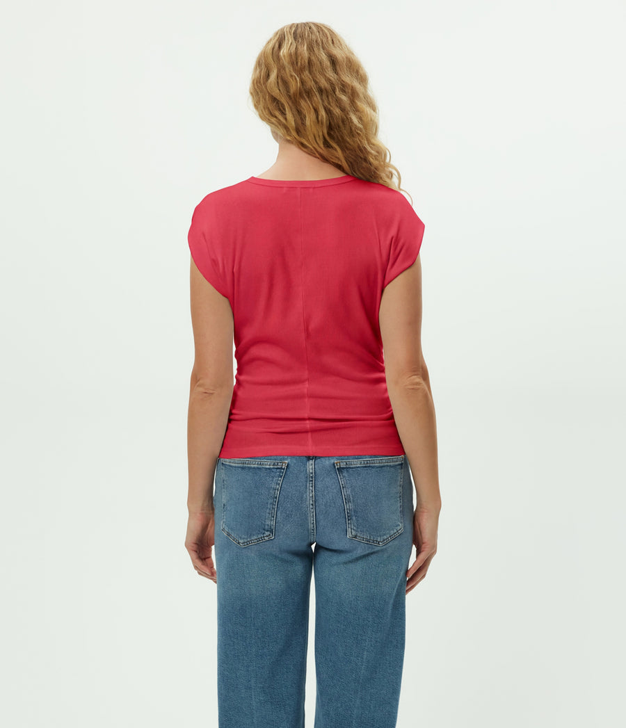 Joni Power Shoulder Tee in LACQUER RED Back View #LACQUER