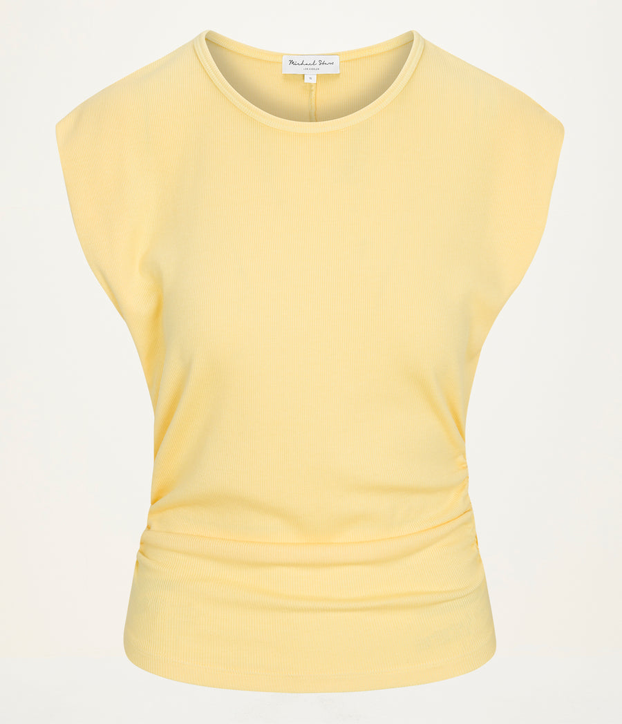 Joni Power Shoulder Tee in MACAW Yellow Close Up View #MACAW