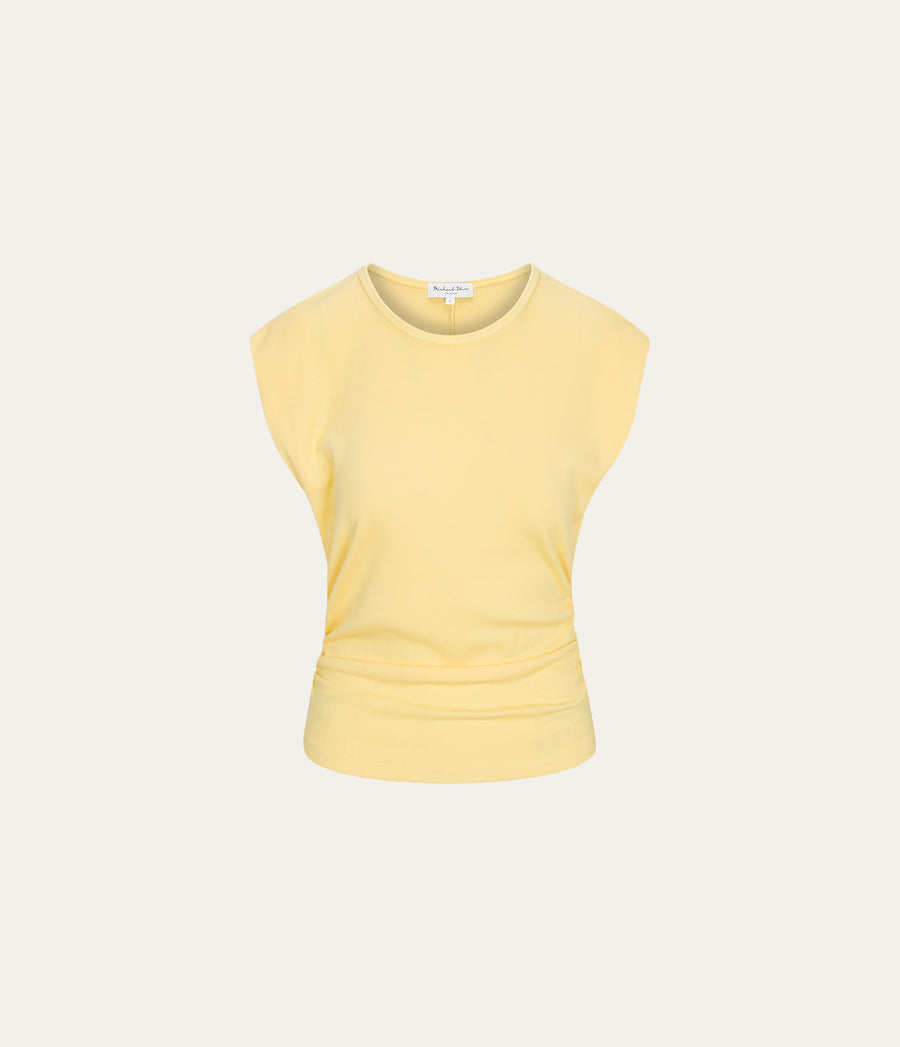 Joni Power Shoulder Tee in MACAW Yellow Close Up View #MACAW