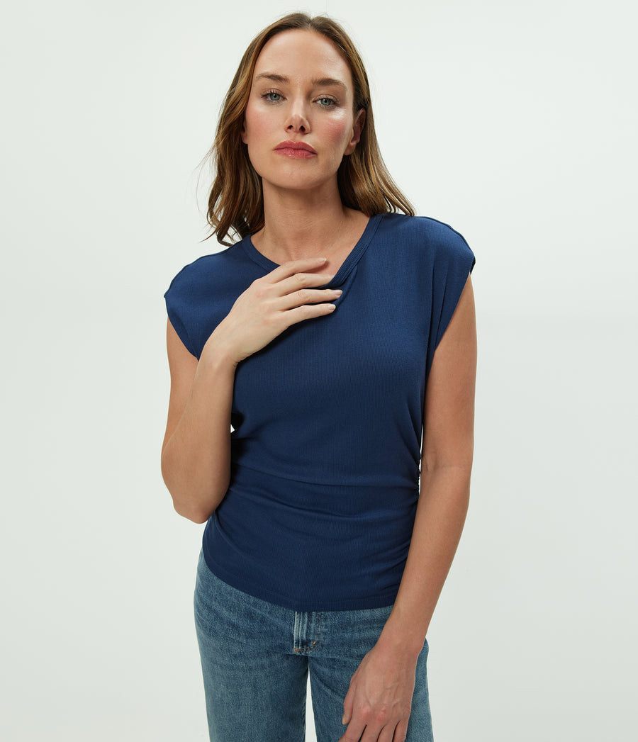 Joni Power Shoulder Tee in Nocturnal Blue Close up View  #NOCTURNAL