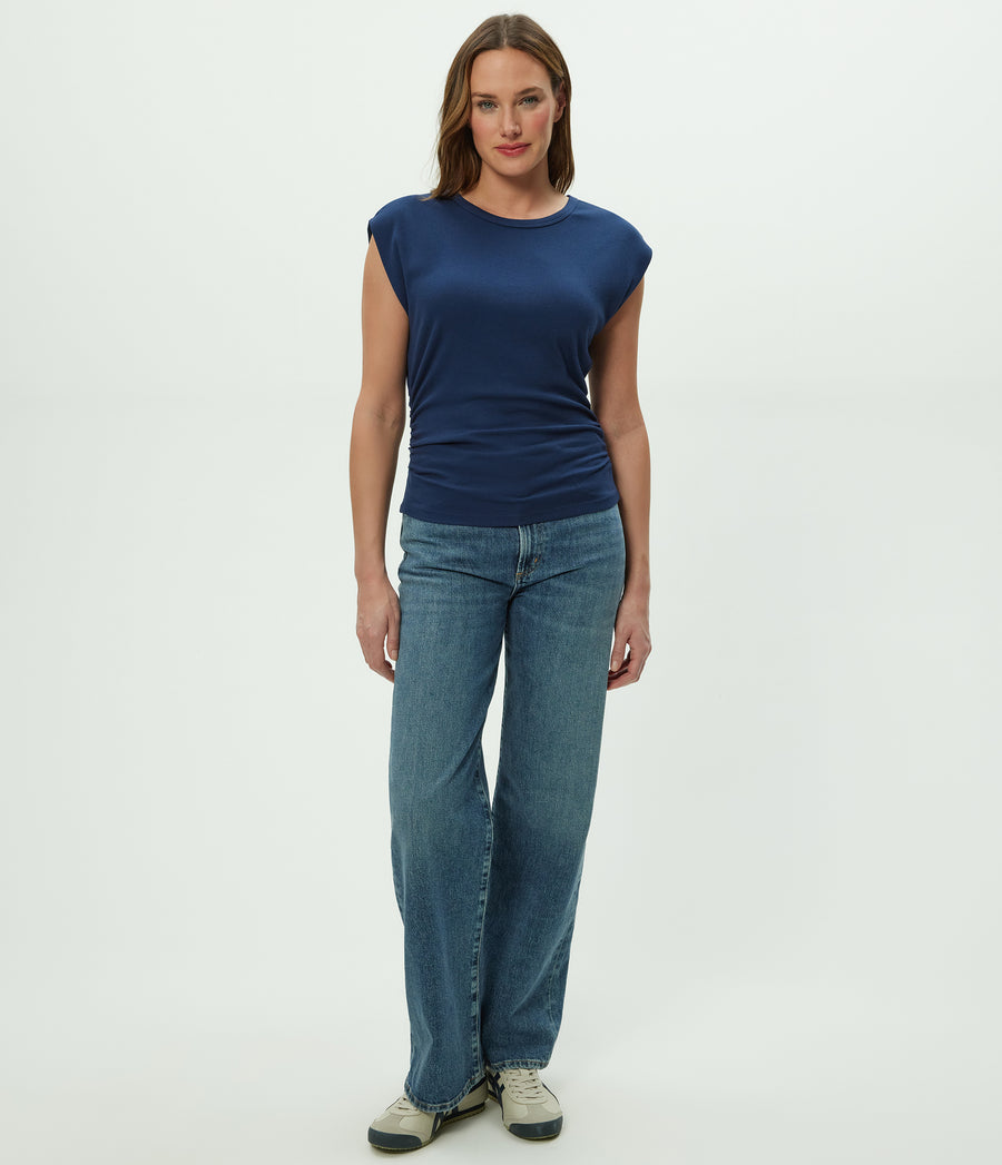 Joni Power Shoulder Tee in Nocturnal Blue Full Body View #NOCTURNAL