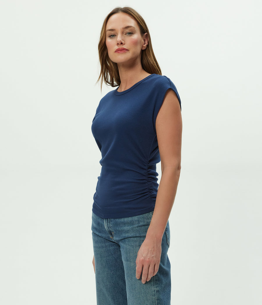 Joni Power Shoulder Tee in Nocturnal Blue Side View #NOCTURNAL