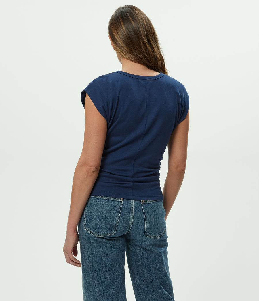 Joni Power Shoulder Tee in Nocturnal Blue Back View  #NOCTURNAL