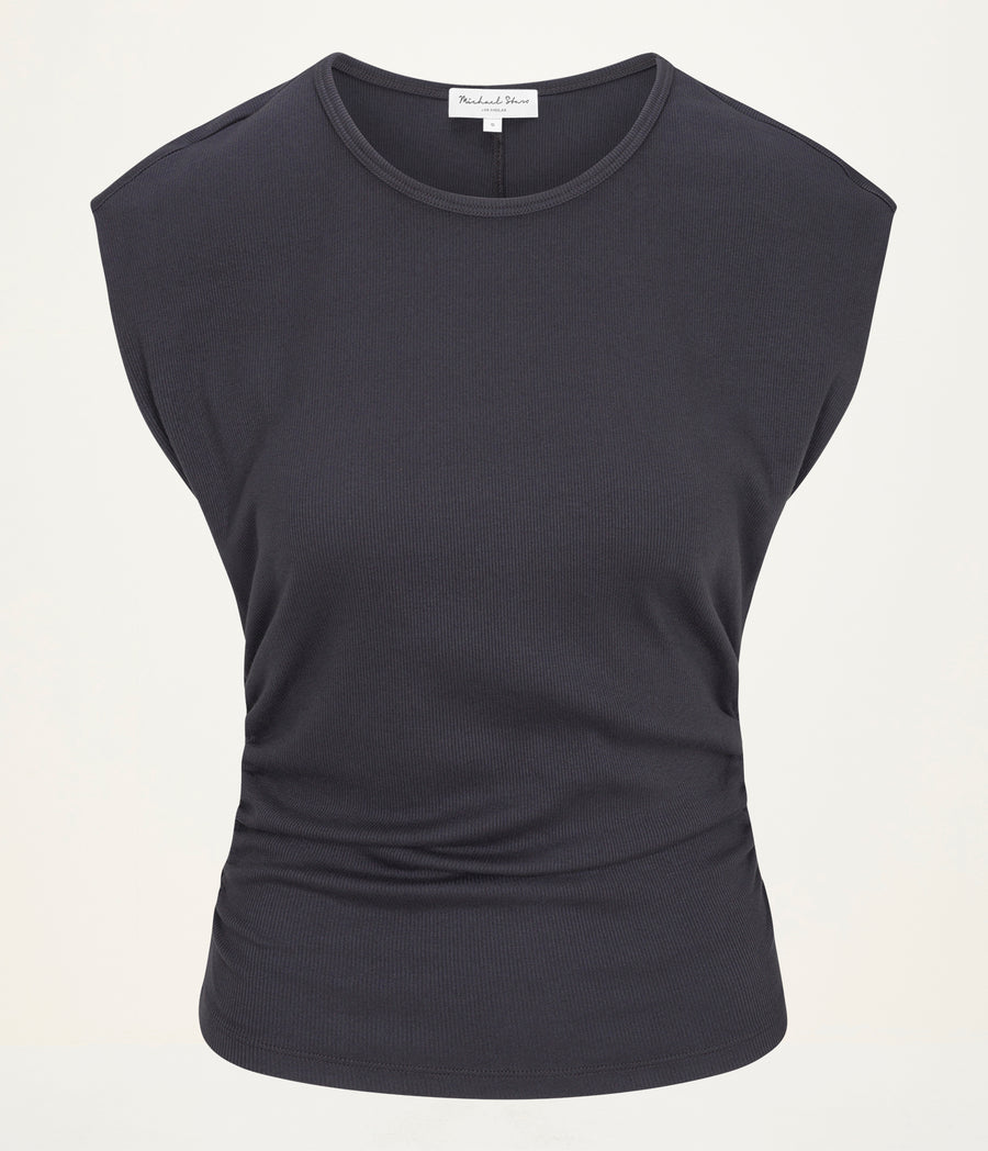 Joni Power Shoulder Tee in Oxide Grey  Close up View #OXIDE