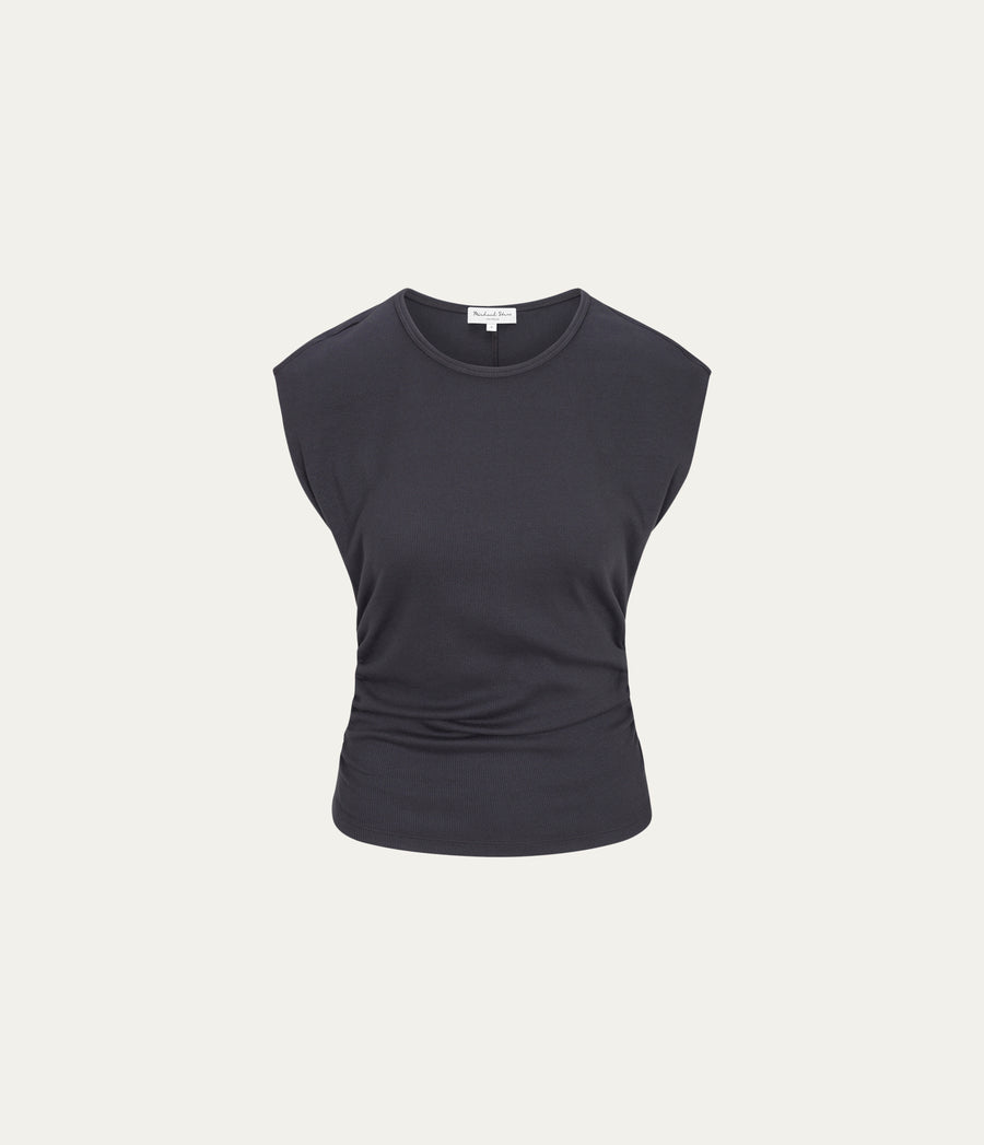Joni Power Shoulder Tee in Oxide Grey  Close up View #OXIDE