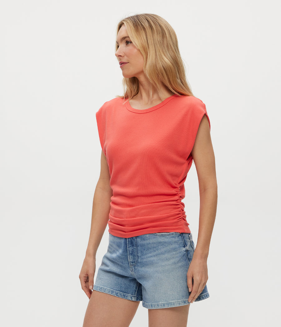 Joni Power Shoulder Tee in PERSIMMON ORANGE Side View #PERSIMMON