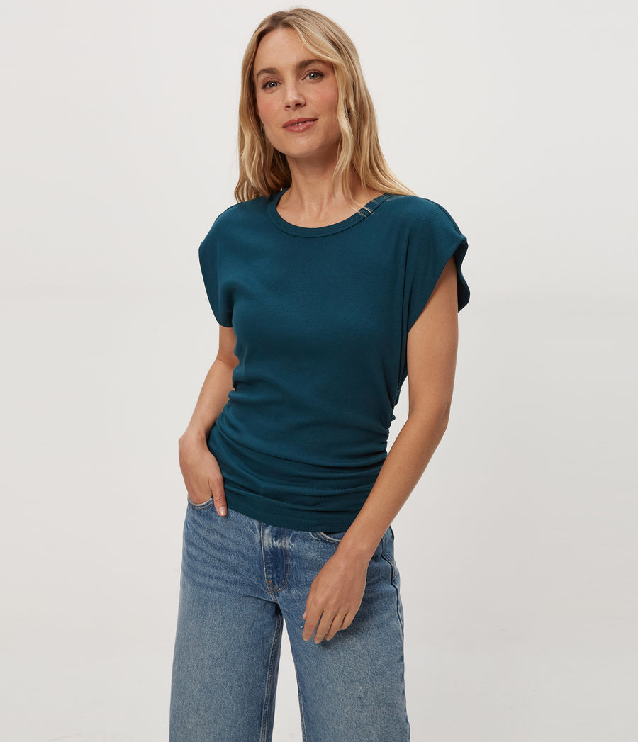 Joni Power Shoulder Tee in RAINFOREST BLUE Combo Close up View #RAINFOREST