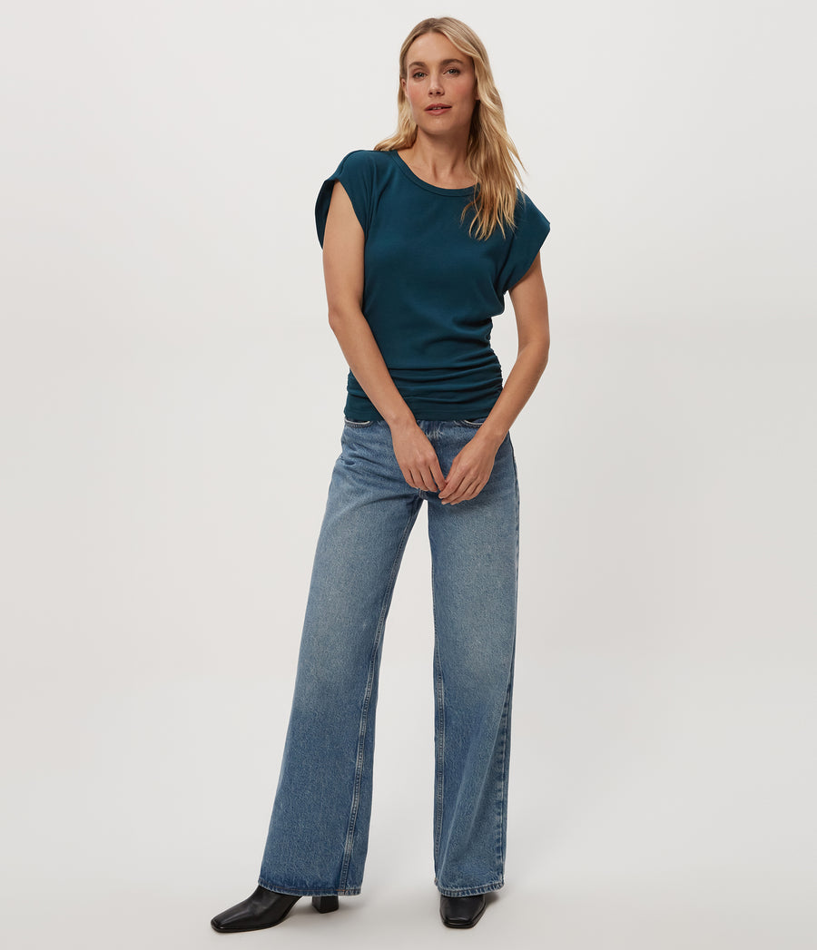 Joni Power Shoulder Tee in RAINFOREST BLUE Combo Full Body View #RAINFOREST
