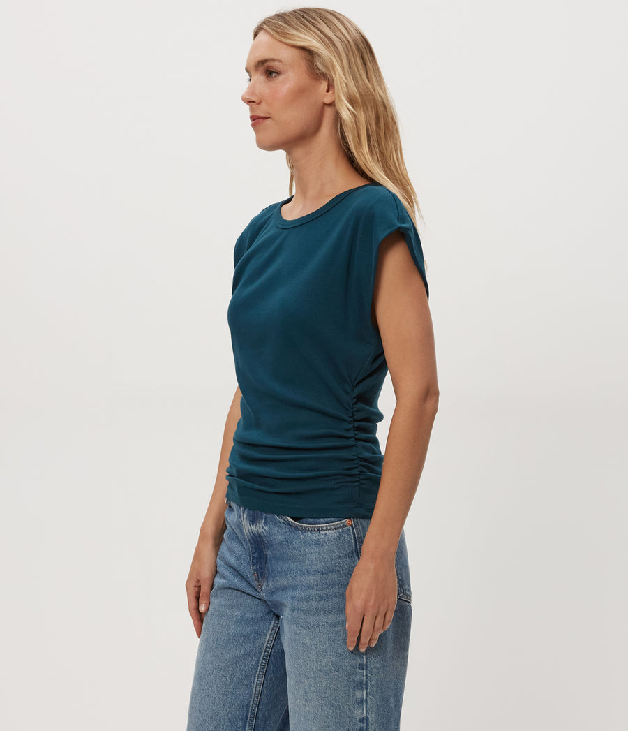 Joni Power Shoulder Tee in RAINFOREST BLUE Combo Side View #RAINFOREST