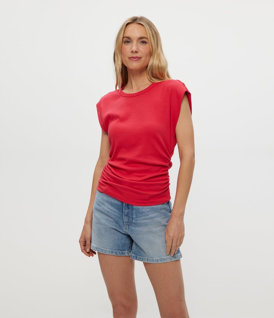 Joni Power Shoulder Tee in Rumba Red Close Up View #RUMBA