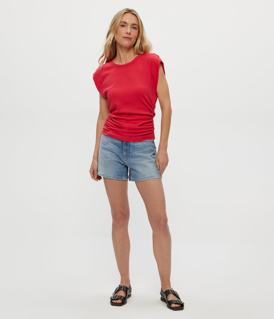 Joni Power Shoulder Tee in Rumba Red Full Body View #RUMBA