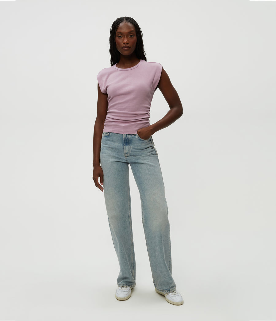 Joni Power Shoulder Tee in Sachet Pink Full Body View #SACHET